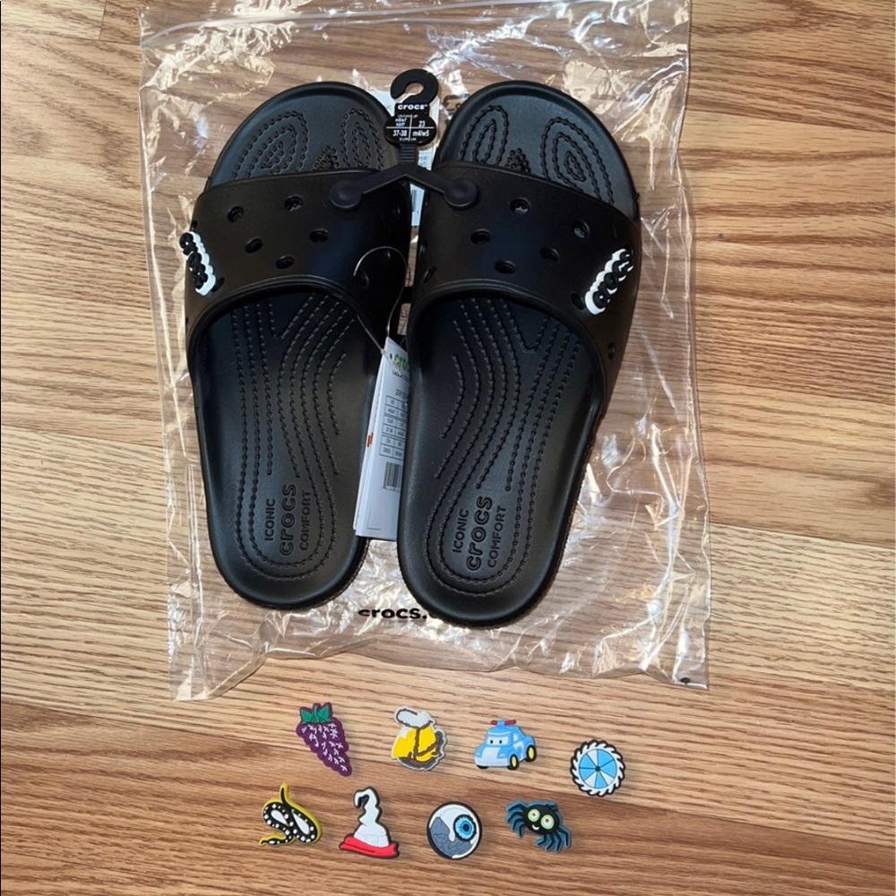 CROCS Women's Black Slide Sandals with Assorted Colorful Jibbitz